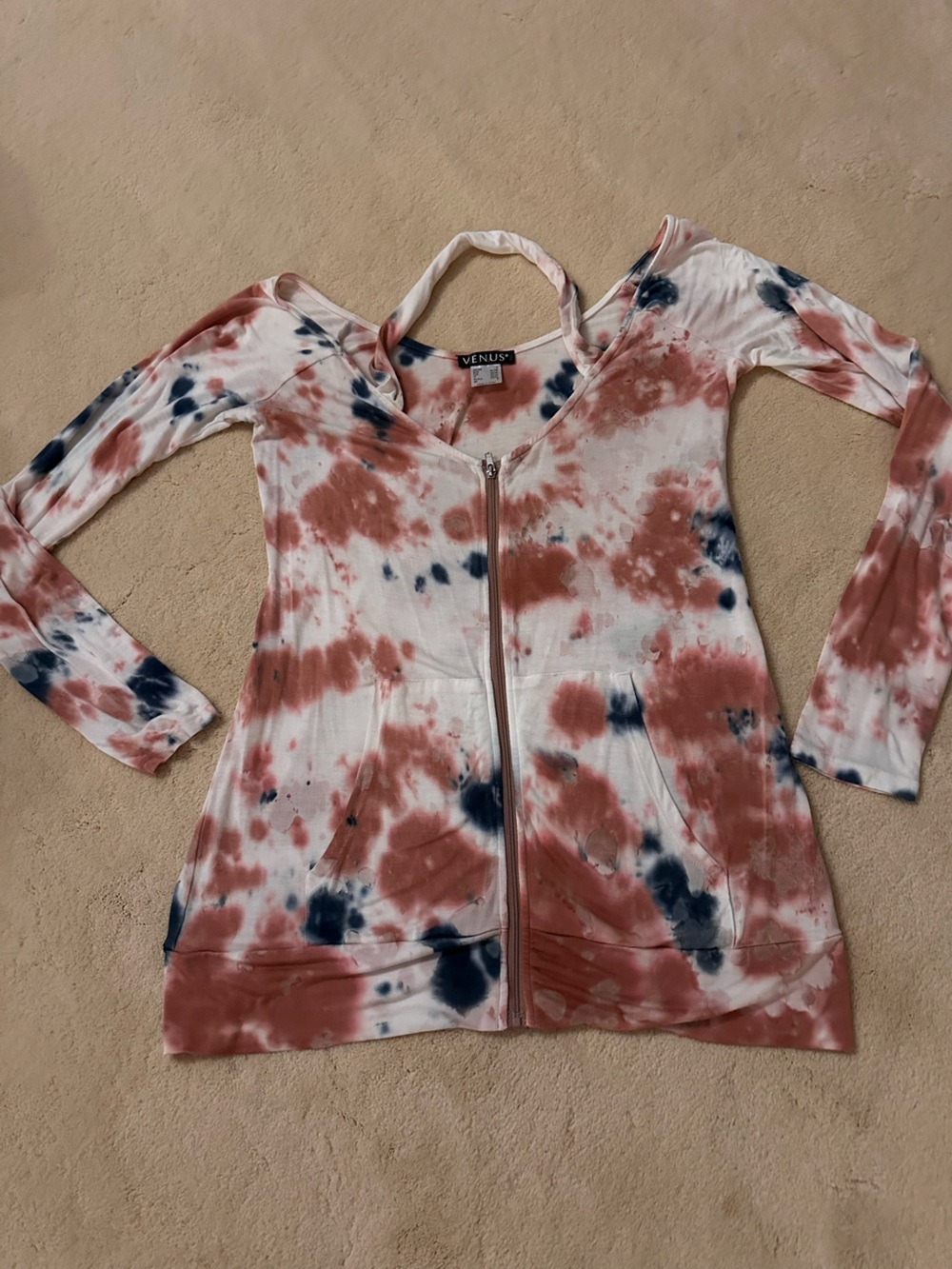 VENUS Rust & Navy Tie-Dye V-Neck Top